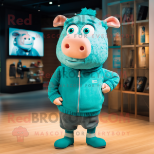 Turquoise Pig mascot costume character dressed with a Sweater and Shoe laces