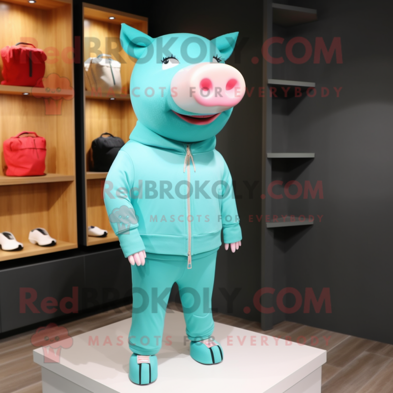 Turquoise Pig mascot costume character dressed with a Sweater and Shoe laces