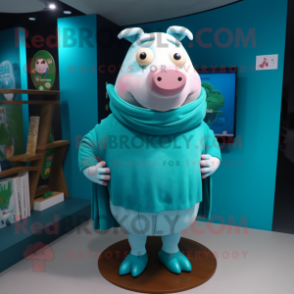 Turquoise Pig mascot costume character dressed with a Sweater and Shoe laces