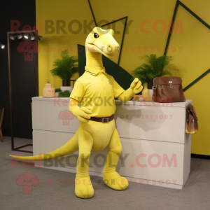 Lemon Yellow Parasaurolophus mascot costume character dressed with a Polo Shirt and Handbags