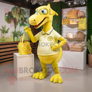 Lemon Yellow Parasaurolophus mascot costume character dressed with a Polo Shirt and Handbags