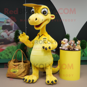 Lemon Yellow Parasaurolophus mascot costume character dressed with a Polo Shirt and Handbags