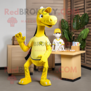 Lemon Yellow Parasaurolophus mascot costume character dressed with a Polo Shirt and Handbags