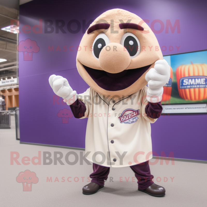 Beige Eggplant mascot costume character dressed with a Baseball Tee and Gloves Beige Eggplant mascot costume character dressed with a Baseball Tee and Gloves
