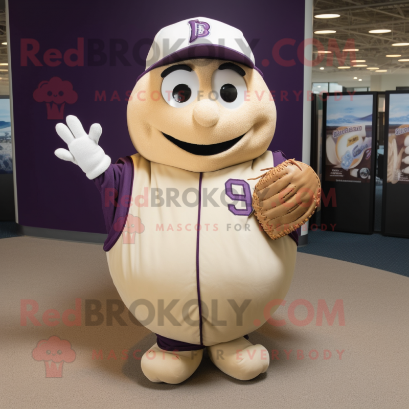 Beige Eggplant mascot costume character dressed with a Baseball Tee and Gloves