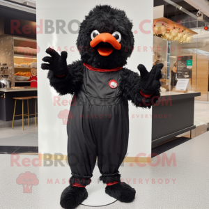 Black Fried Chicken mascot costume character dressed with a Jumpsuit and Mittens