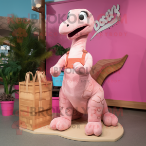 Pink Diplodocus mascot costume character dressed with a Dungarees and Handbags