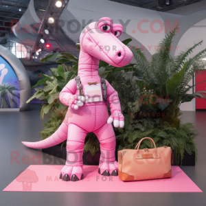 Pink Diplodocus mascot costume character dressed with a Dungarees and Handbags