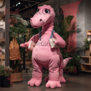 Pink Diplodocus mascot costume character dressed with a Dungarees and Handbags