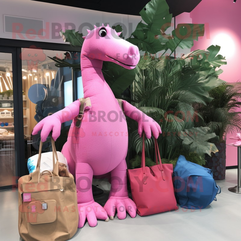 Pink Diplodocus mascot costume character dressed with a Dungarees and Handbags Pink Diplodocus mascot costume character dressed with a Dungarees and Handbags