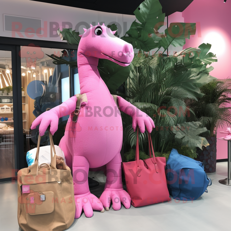 Pink Diplodocus mascot costume character dressed with a Dungarees and Handbags