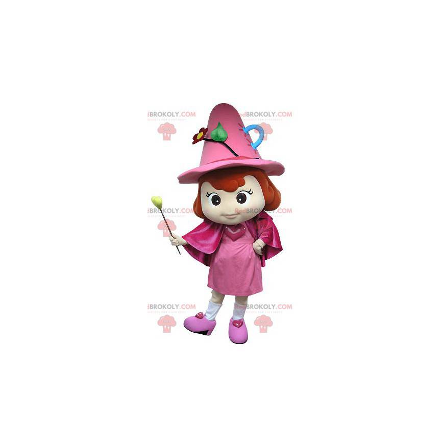 Mascote da fada rosa com um chapéu e uma varinha -