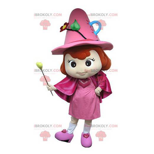 Mascotte de fée rose avec un chapeau et une baguette -