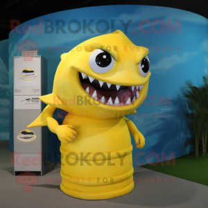Yellow Barracuda mascot costume character dressed with a Tank Top and Keychains