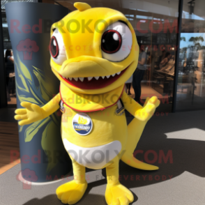 Yellow Barracuda mascot costume character dressed with a Tank Top and Keychains