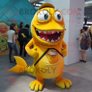 Yellow Barracuda mascot costume character dressed with a Tank Top and Keychains