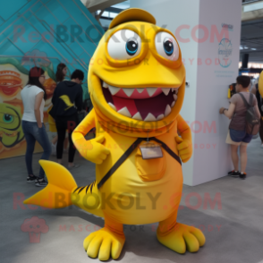 Yellow Barracuda mascot costume character dressed with a Tank Top and Keychains