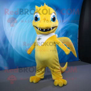 Yellow Barracuda mascot costume character dressed with a Tank Top and Keychains