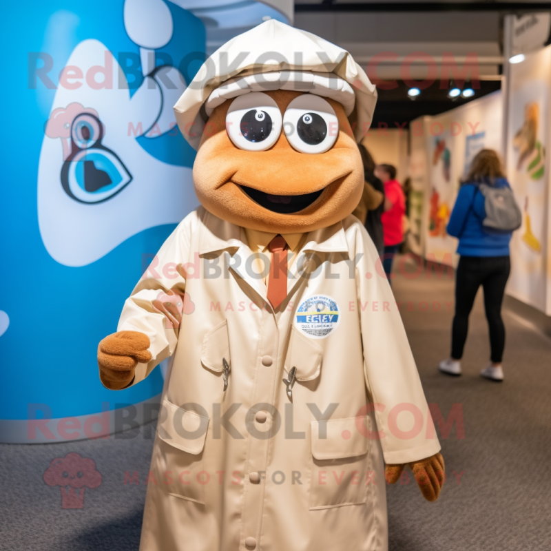 Tan Clam Chowder mascot costume character dressed with a Raincoat and Suspenders