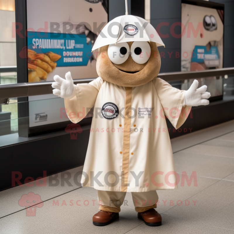 Tan Clam Chowder mascot costume character dressed with a Raincoat and Suspenders