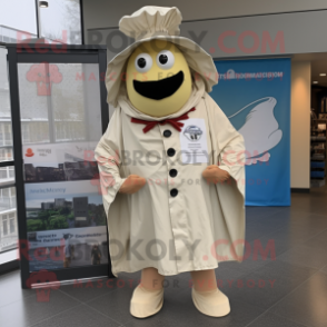 Tan Clam Chowder mascot costume character dressed with a Raincoat and Suspenders