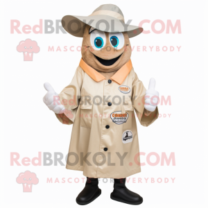 Tan Clam Chowder mascot costume character dressed with a Raincoat and Suspenders