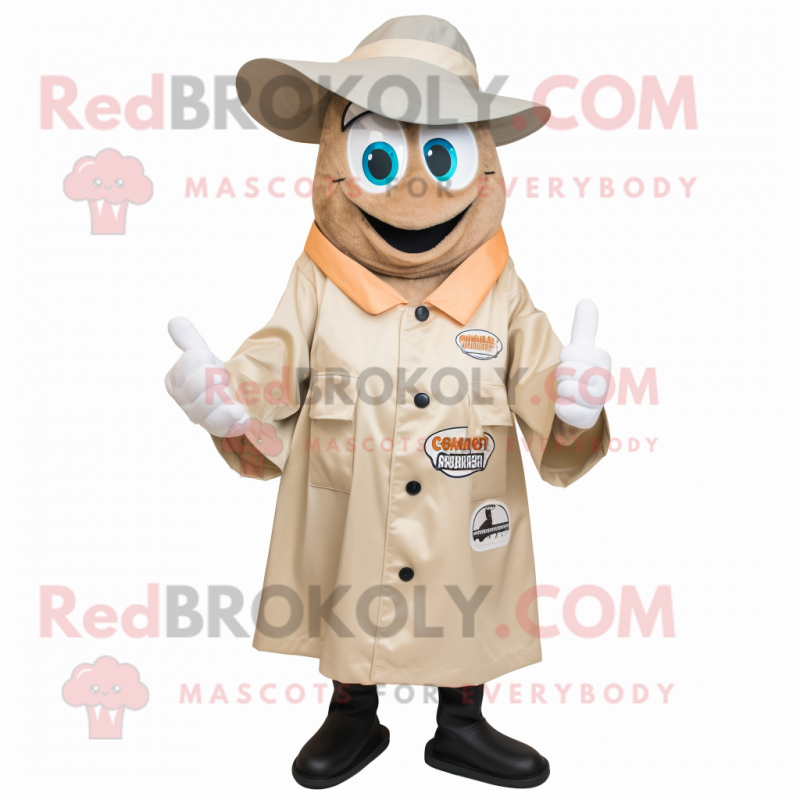 Tan Clam Chowder mascot costume character dressed with a Raincoat and Suspenders Tan Clam Chowder mascot costume character dressed with a Raincoat and Suspenders