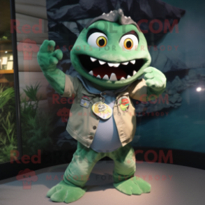 Green Piranha mascot costume character dressed with a Henley Tee and Bracelet watches