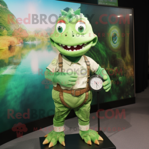 Green Piranha mascot costume character dressed with a Henley Tee and Bracelet watches