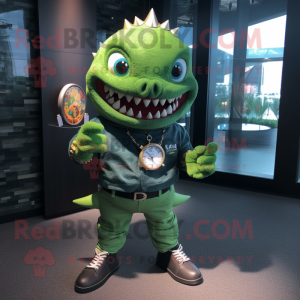 Green Piranha mascot costume character dressed with a Henley Tee and Bracelet watches