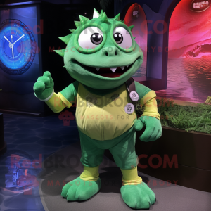 Green Piranha mascot costume character dressed with a Henley Tee and Bracelet watches