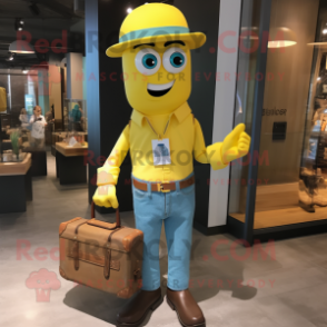 Yellow Pendant mascot costume character dressed with a Denim Shirt and Briefcases