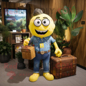Yellow Pendant mascot costume character dressed with a Denim Shirt and Briefcases