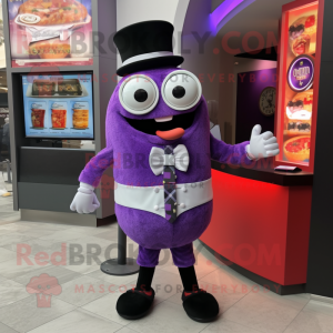 Purple Burgers mascot costume character dressed with a Tuxedo and Digital watches