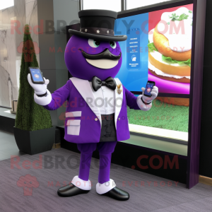 Purple Burgers mascot costume character dressed with a Tuxedo and Digital watches