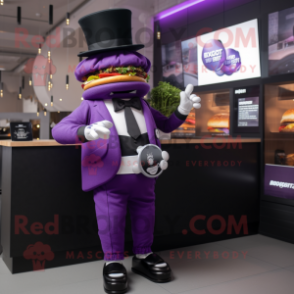 Purple Burgers mascot costume character dressed with a Tuxedo and Digital watches