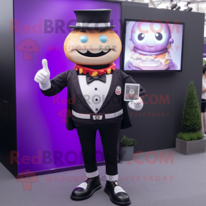 Purple Burgers mascot costume character dressed with a Tuxedo and Digital watches