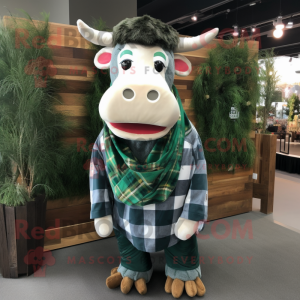 Forest Green Hereford Cow mascot costume character dressed with a Flannel Shirt and Scarf clips