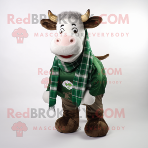 Forest Green Hereford Cow mascot costume character dressed with a Flannel Shirt and Scarf clips