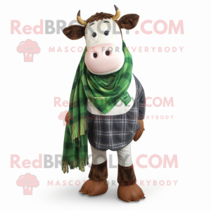 Forest Green Hereford Cow mascot costume character dressed with a Flannel Shirt and Scarf clips