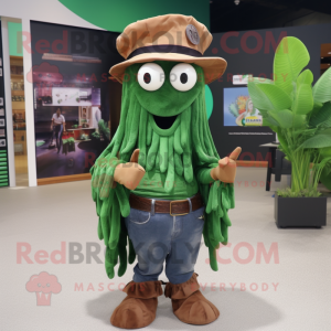 Forest Green Fried Calamari mascot costume character dressed with a Jeans and Belts