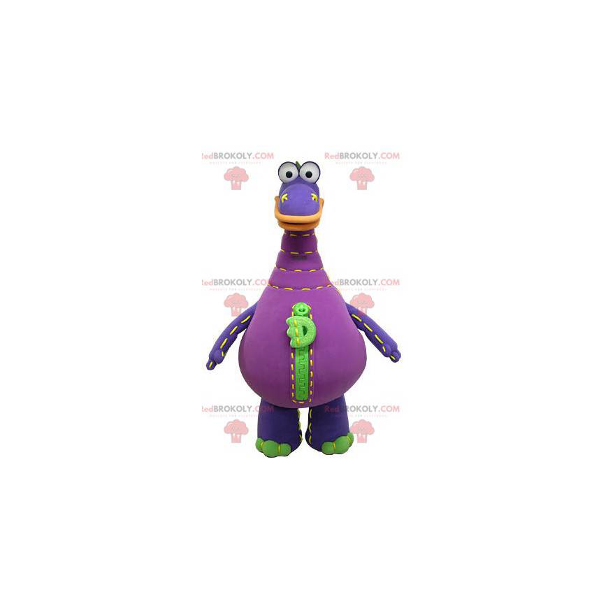 Mascote de dinossauro roxo e verde. Dinossauro gigante -