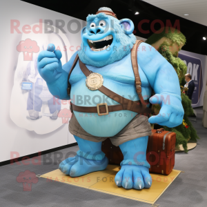 Sky Blue Ogre mascot costume character dressed with a Cargo Shorts and Digital watches