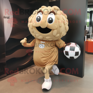 Tan Soccer Ball mascot costume character dressed with a Running Shorts and Clutch bags