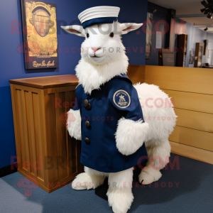 Navy Angora Goat mascot costume character dressed with a Empire Waist Dress and Mittens