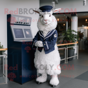 Navy Angora Goat mascot costume character dressed with a Empire Waist Dress and Mittens