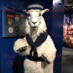 Navy Angora Goat mascot costume character dressed with a Empire Waist Dress and Mittens