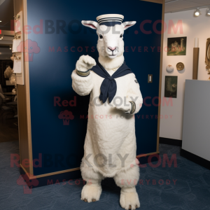 Navy Angora Goat mascot costume character dressed with a Empire Waist Dress and Mittens