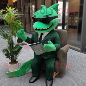 Forest Green Shark mascot costume character dressed with a Suit and Reading glasses