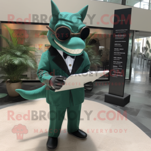 Forest Green Shark mascot costume character dressed with a Suit and Reading glasses